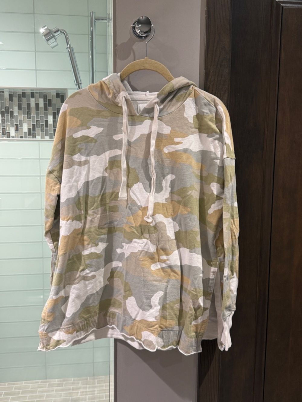 aerie Camo Hooded Sweatshirt in White, Olive & Tan